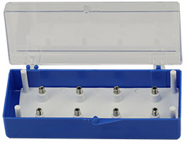 EM-Tec SH8 small size clear/blue styrene box for 8 x 15mm Hitachi M4 stubs